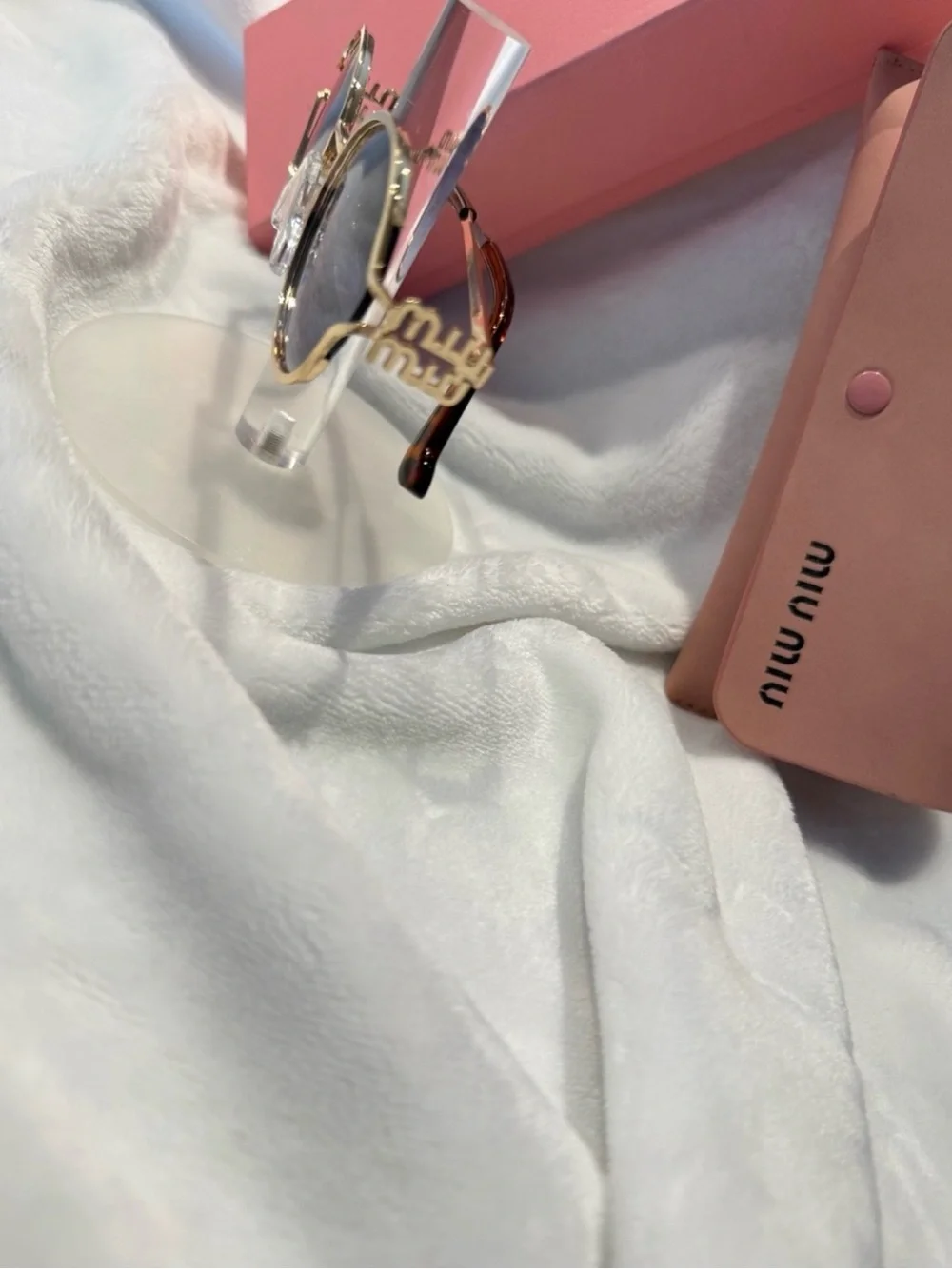Miu Miu Gold Frame Sunglasses with Pink Case and Gradient Purple Lenses